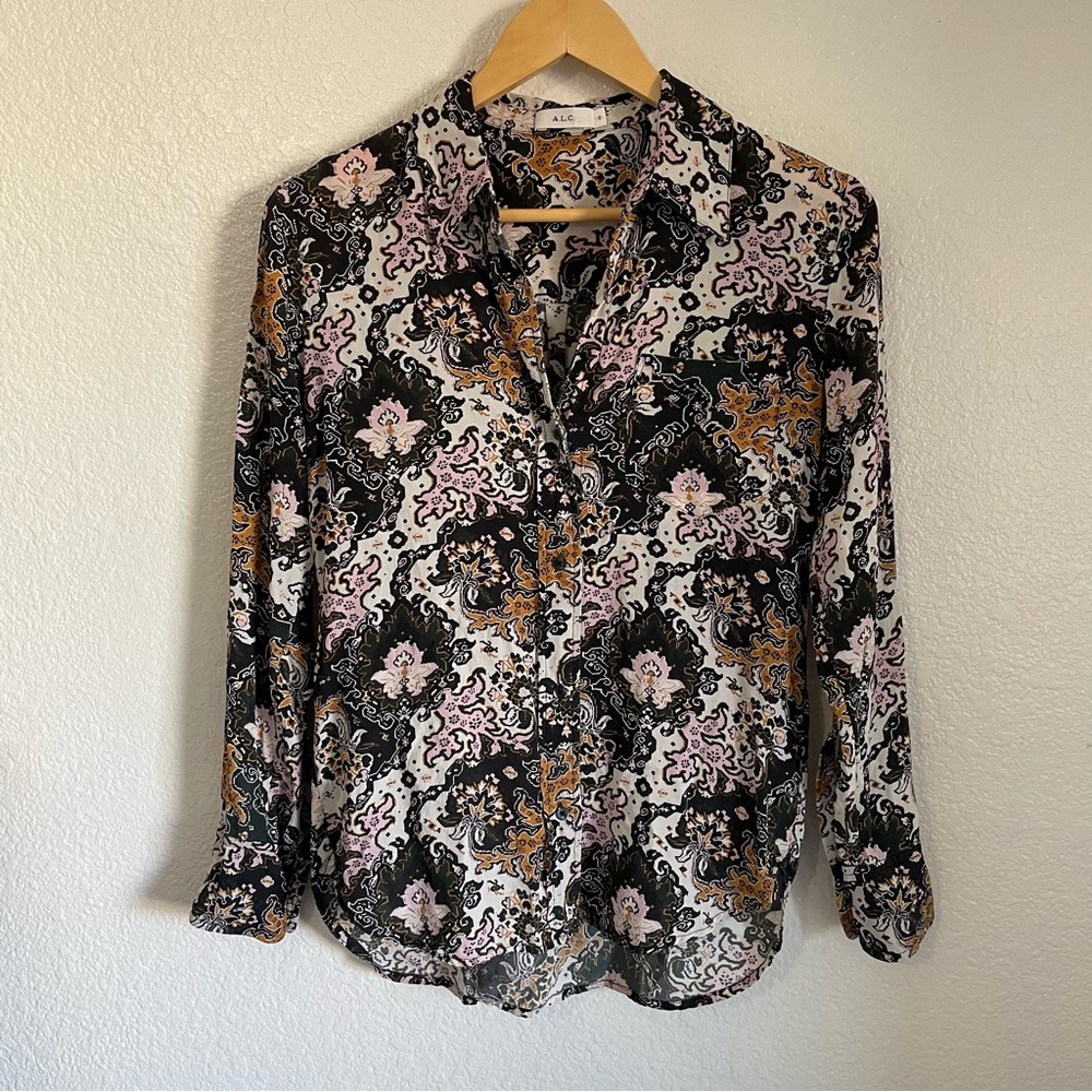 A.L.C. 100% Silk Tordi Floral Abstract Print Collared Button Down Blouse Size 0